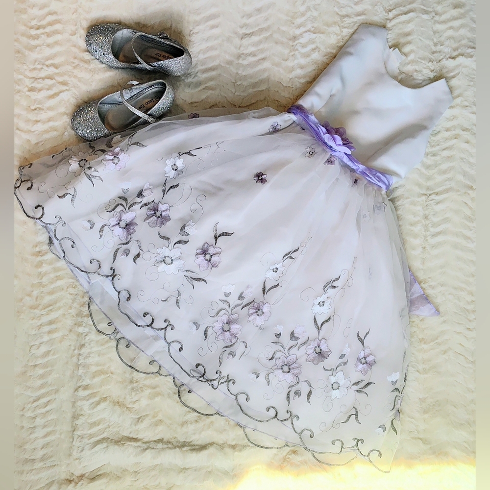 Floral Embroidered Dress with Silver Shoes